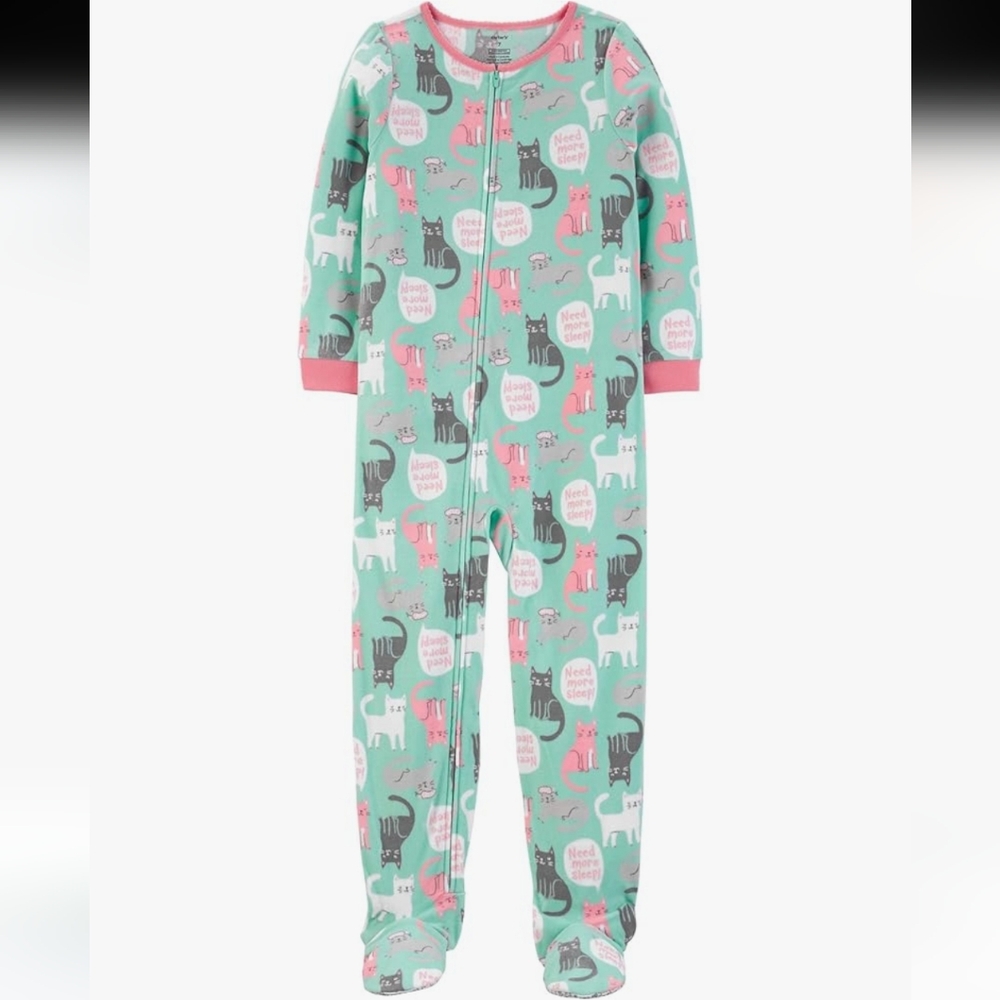 Carter's Girls' 1-Piece Zippered Gripper Footie Fleece Pajamas Mint/Cat 14